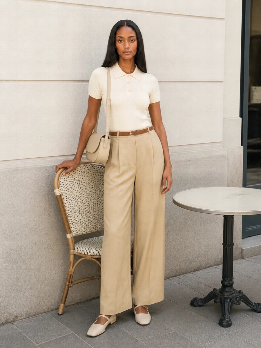 Apc beige wide leg trousers collared knit outfit