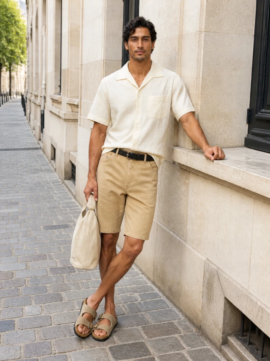 Khaki shorts and a butter-toned camp shirt create a soft, tonal base that reads relaxed but precise for warm city days. Sand suede slides and a matching light belt keep the mood calm and grounded, while the small buttercream tote adds a sculptural touch without breaking the neutral palette. The result is an easy summer uniform that feels intentional from silhouette to texture.