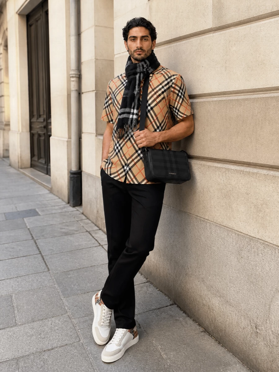 Burberry camp shirt black straight leg trousers