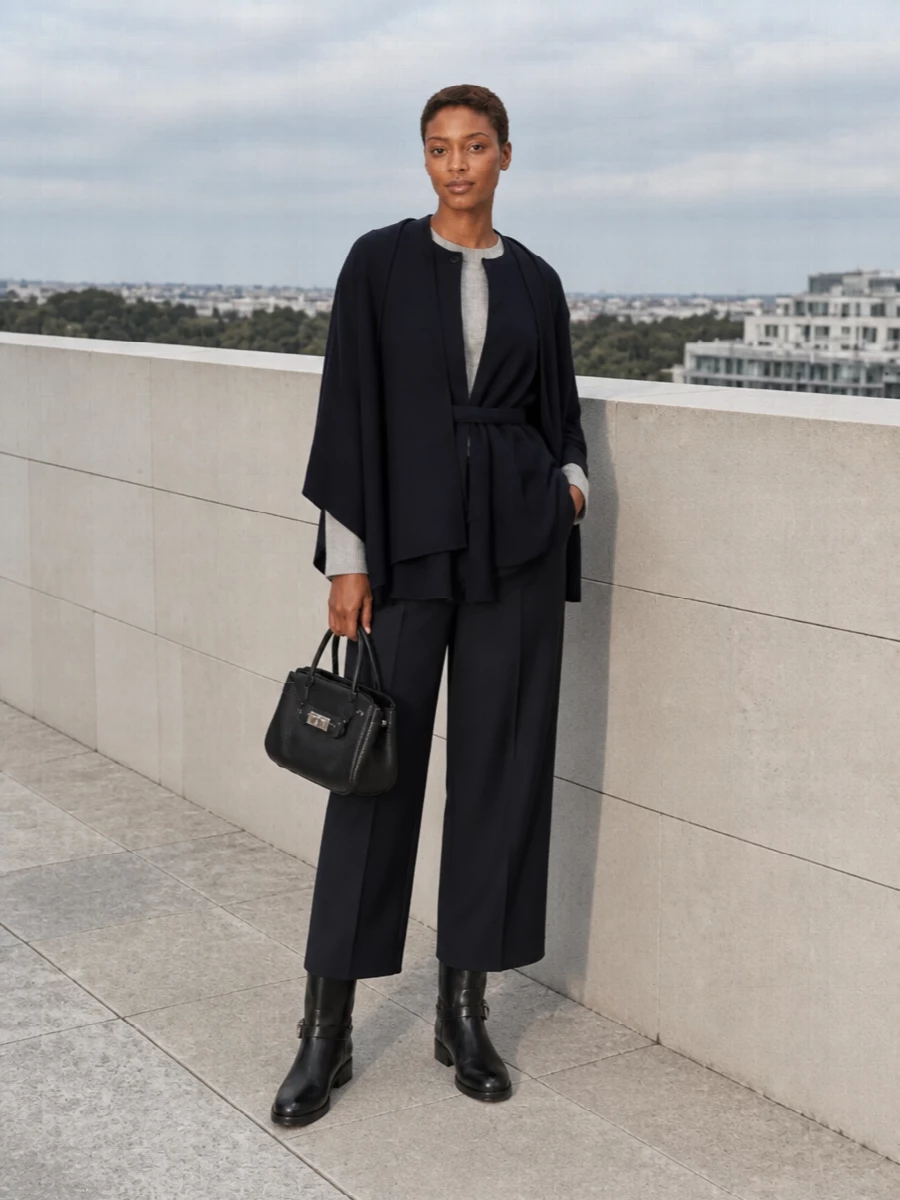Parosh navy poncho wide leg trousers outfit