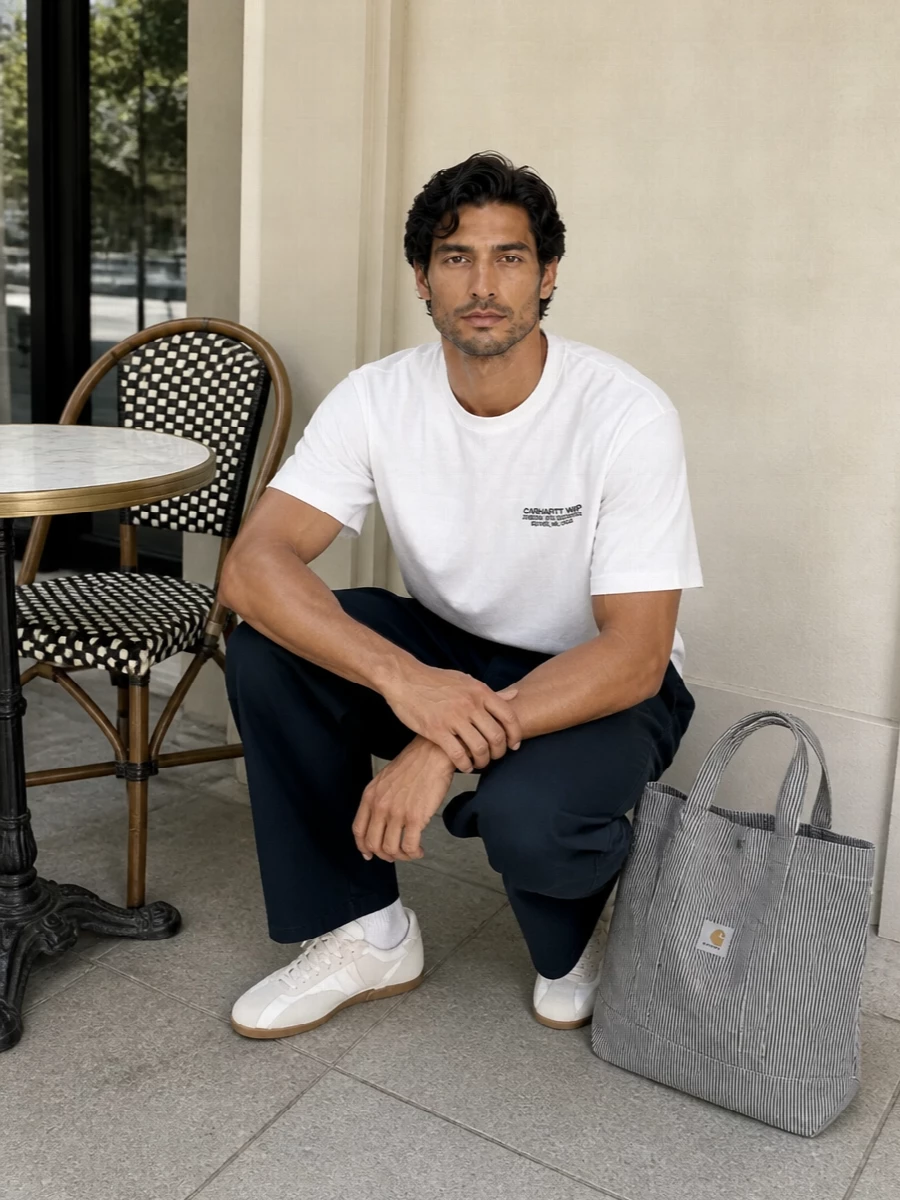 Ink navy wide-leg chinos and a crisp white Carhartt tee keep everything clean and graphic, skewing modern skate rather than nostalgic workwear. Off-white retro trainers and a striped tote echo the light tones, so the palette stays tight while textures do the talking. The grommeted belt quietly sharpens the waist, keeping the relaxed proportions intentional rather than sloppy.