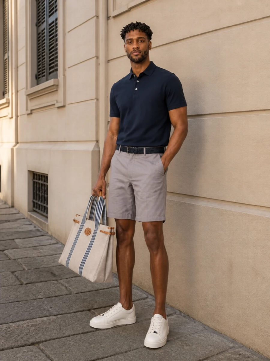 Zanone navy polo zegna taupe shorts tods sneakers