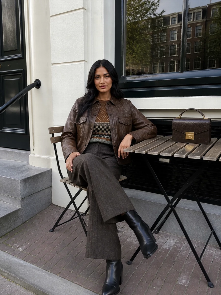 Golden goose brown trucker wide leg trouser outfit
