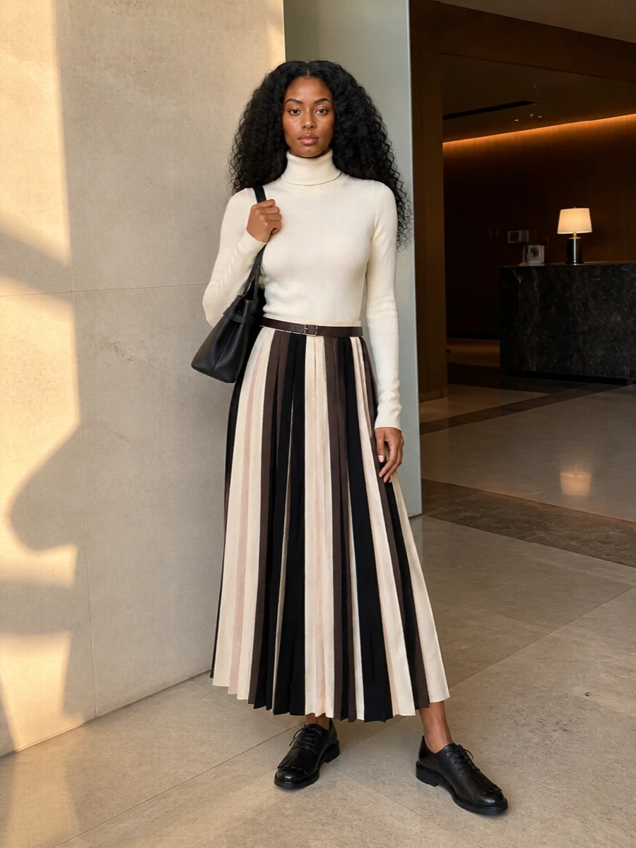 Weekend max mara striped maxi skirt cream turtleneck