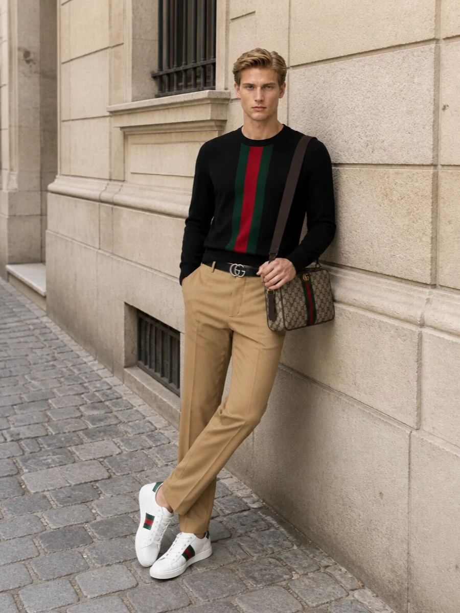 Gucci web stripe crewneck camel trousers outfit
