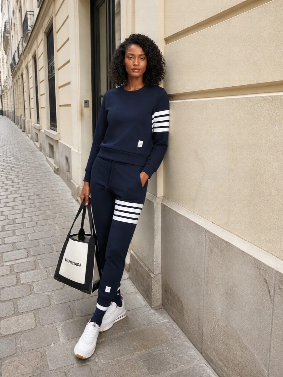 Thom browne navy tracksuit athleisure outfit