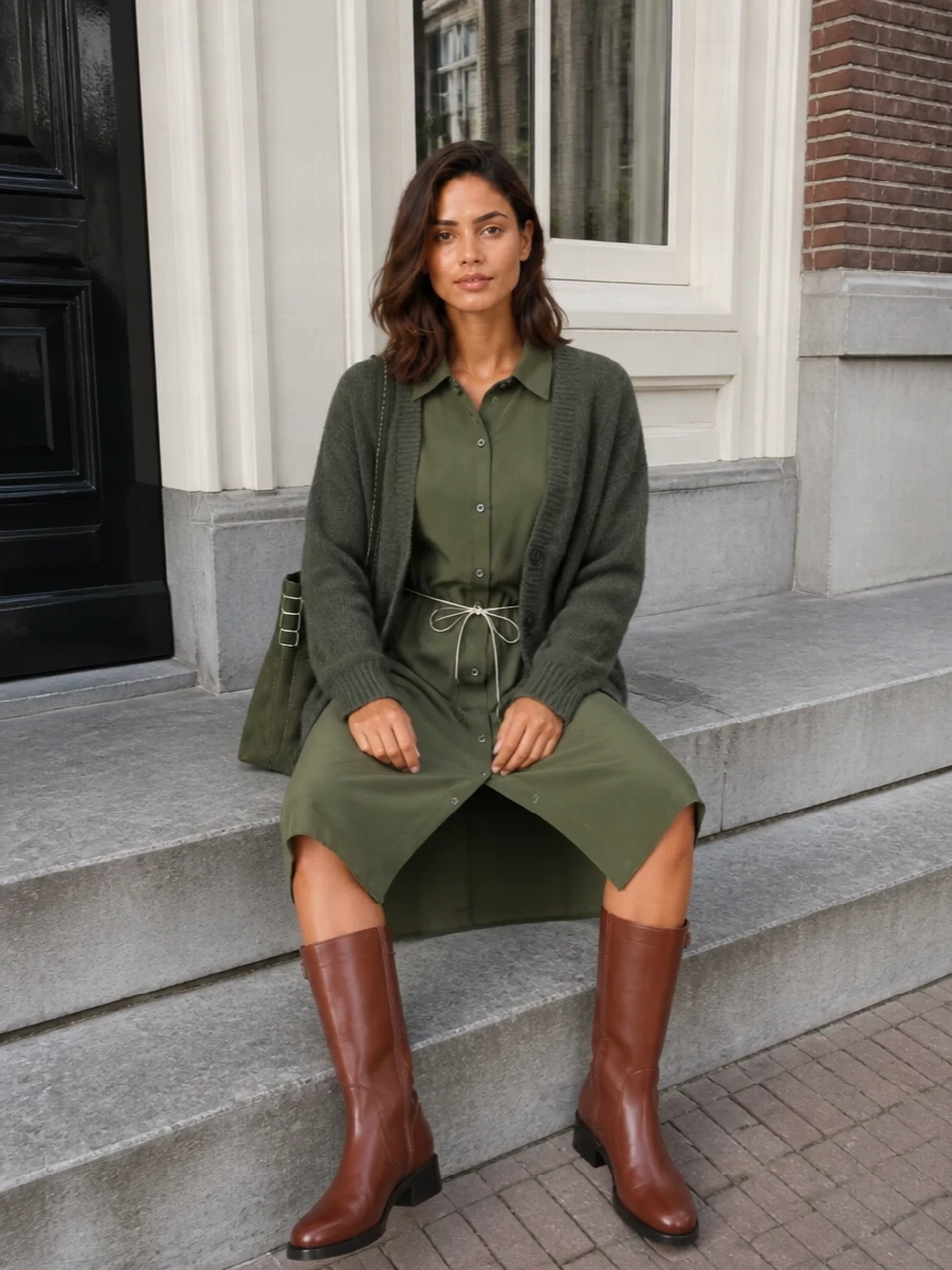 Dries van noten moss cardigan olive shirt dress outfit