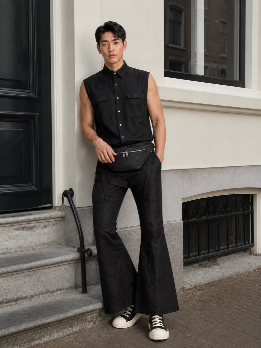 Rick owens black flared jeans sleeveless shirt outfit