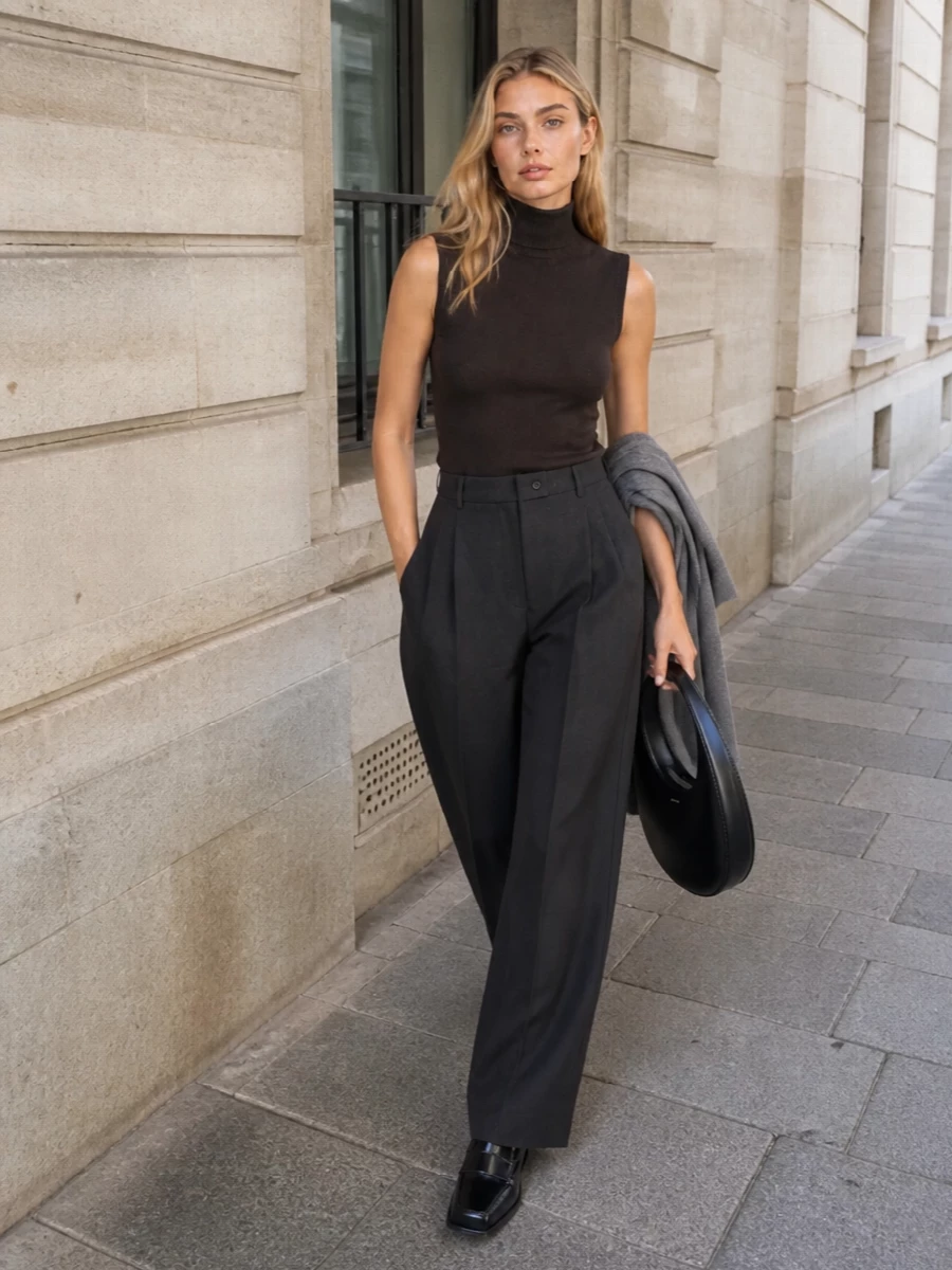 A deep espresso sleeveless mock-neck tucks into high-waisted charcoal wide-leg trousers, creating a long, fluid column that feels modern and quietly powerful. Glossy black square-toe loafers and a sculptural black Coperni shoulder bag keep the look sharp yet understated, while a soft grey scarf introduces just enough texture for FW without breaking the refined palette.