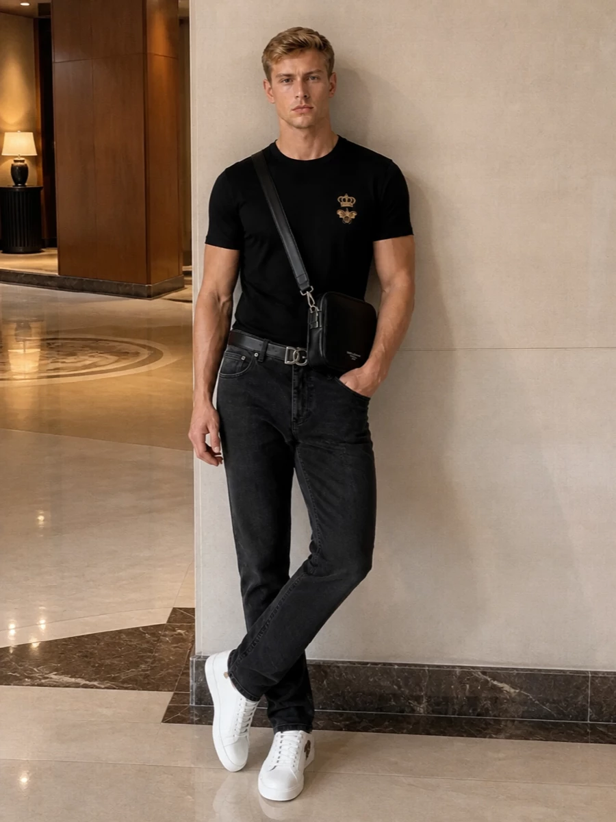 Dolce&Gabbana’s bee-and-crown tee sits against washed-black denim for a tight monochrome base that feels precise rather than stark. White crest sneakers echo the royal motif and add brightness, while a slim black belt and compact crossbody keep the finish clean and city-ready. The result is modern Italian streetwear with a subtle, tailored edge built around that single hit of antique gold.