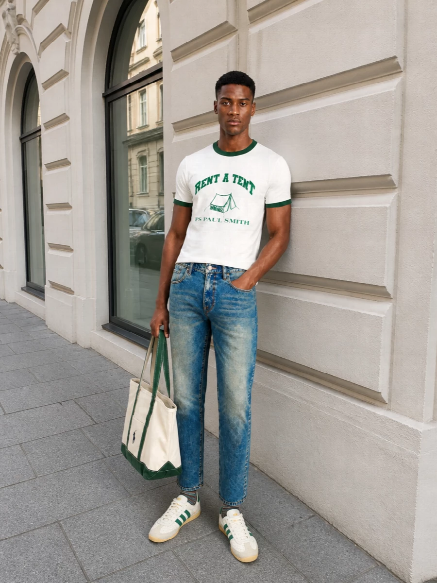 A graphic Paul Smith ringer tee meets lived-in mid blue denim and forest green accented sneakers for a nostalgic, sport-leaning weekend uniform. The canvas tote and striped socks lean into a collegiate outdoors mood, keeping the palette grounded in off white, green and easy neutrals. It feels relaxed and humorous but still considered enough for city days or low-key travel.