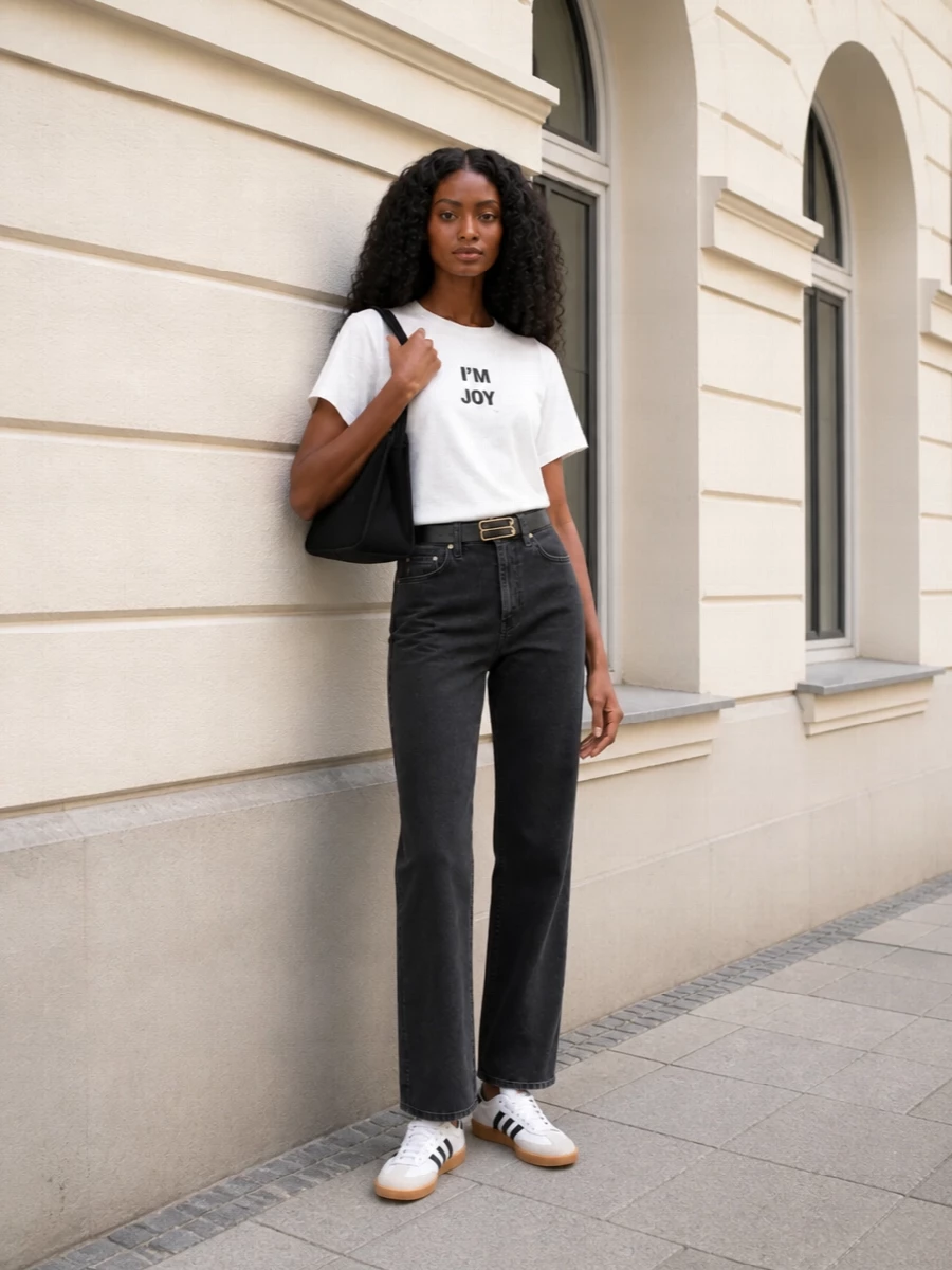 Anchor the slogan tee with charcoal straight-leg denim for a clean, relaxed line that still feels considered. Ground it with crisp white terrace sneakers and a compact black shoulder bag, then finish with a slim black belt to sharpen the waist just enough. The result is an easy city uniform that reads minimal, graphic and quietly confident.
