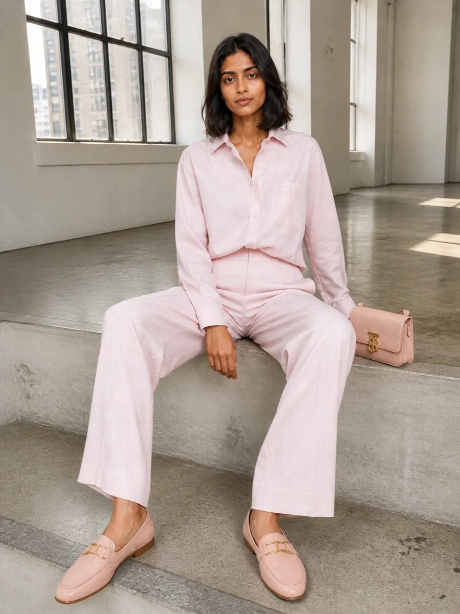 A tonal blush story that feels calm, precise and softly confident. The fluid high-waisted trouser grounds the relaxed shirt, while blush leather and nude accents keep every line clean and intentional. It is an easy, quietly polished option for city days where you want tailoring without stiffness.