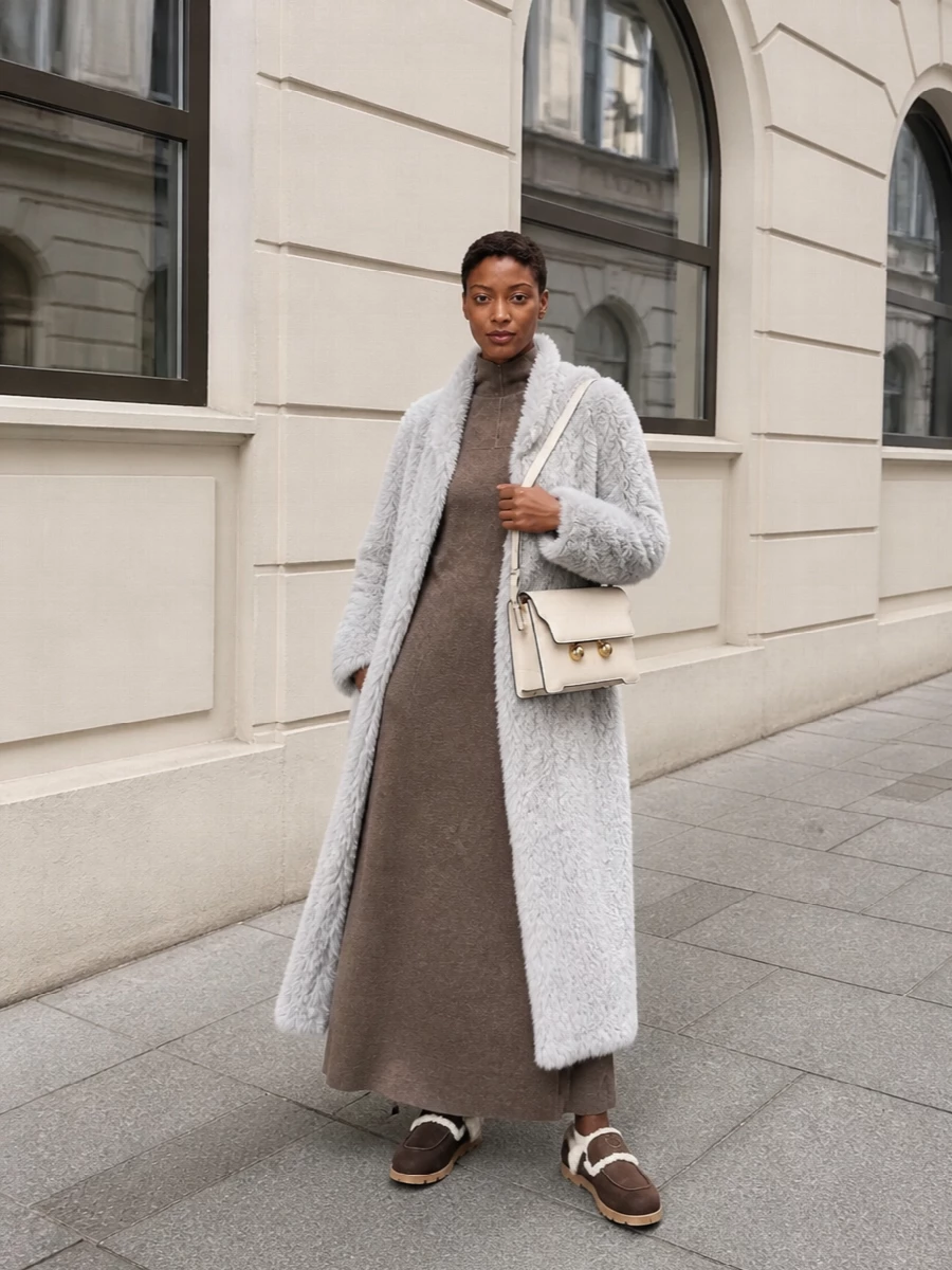 Marni faux fur coat max mara knit dress outfit