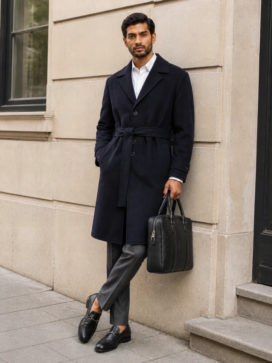 Gucci navy belted coat charcoal tailoring