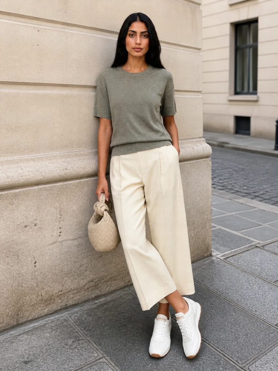The metallic olive knit is grounded by buttercream cropped wide-leg trousers for a soft, sunlit take on tailored dressing. Clean white runners keep the look modern and relaxed, while the warm-cream intrecciato mini hobo adds a discreetly luxurious finish that stays firmly within the quiet-luxury palette. The result is an elevated SS outfit that moves easily from daytime city wear to understated early-evening plans.
