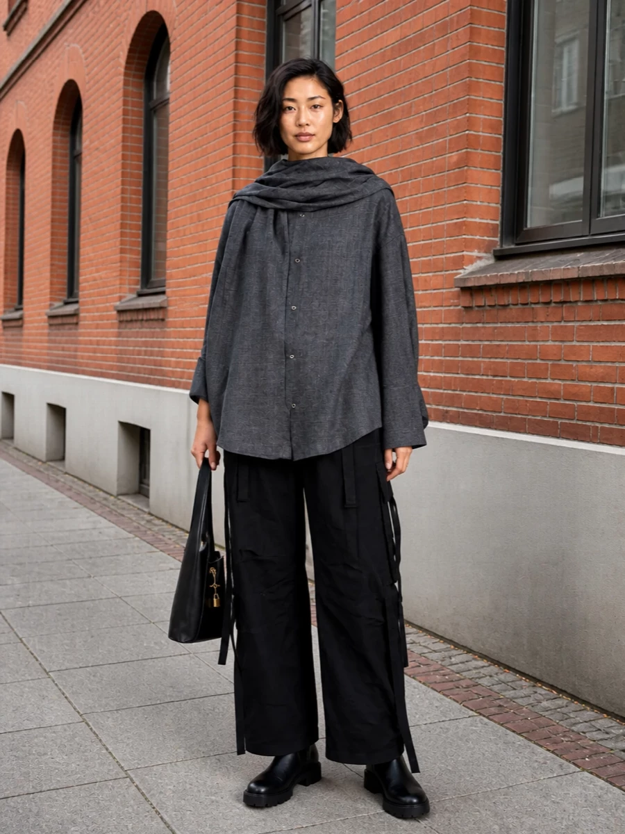 Black wide-leg cargos meet a fluid charcoal shirt for a street-informed take on tailoring that still feels precise. Lug-sole ankle boots and a structured black shoulder bag ground the volume in the right places, keeping the whole mix sharp, urban and quietly luxurious. The result is a day-to-night city uniform that balances ease with intent.