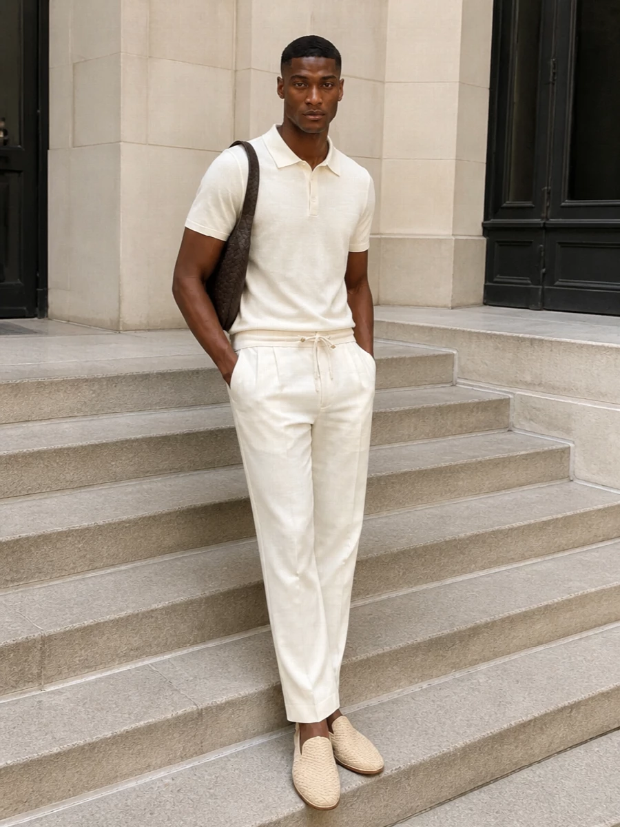 Ivory drawstring tailoring with a buttercream knit polo creates a calm, tonal base that reads considered yet easy for warm days. Butter‑beige woven slippers keep the line soft and relaxed, while the dark crescent bag adds a quiet point of contrast without disturbing the minimal mood.