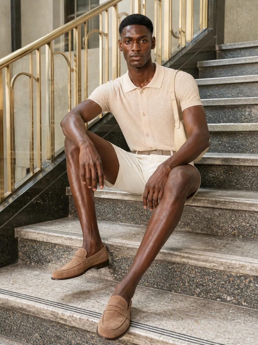 Tagliatore knit polo tailored shorts suede loafers