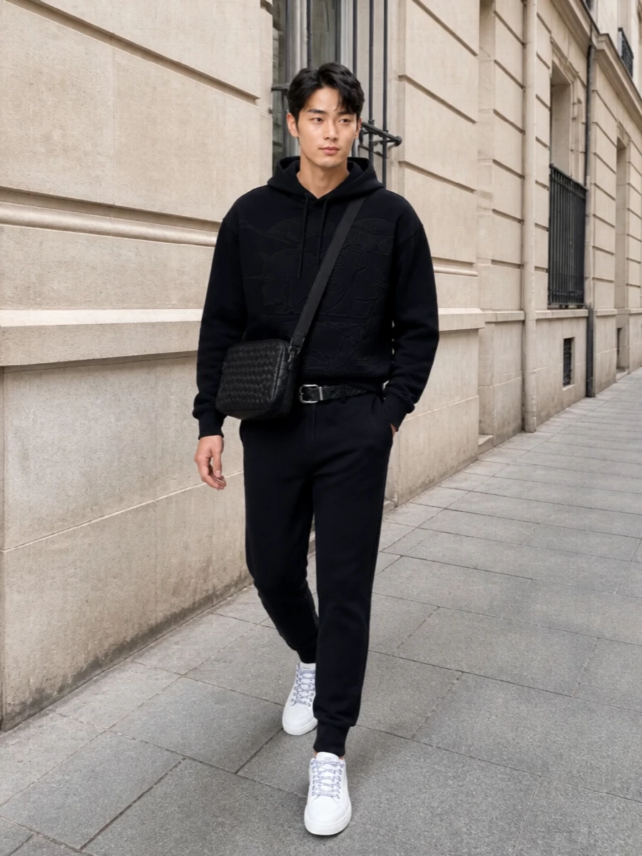 Burberry black joggers hoodie white sneakers outfit