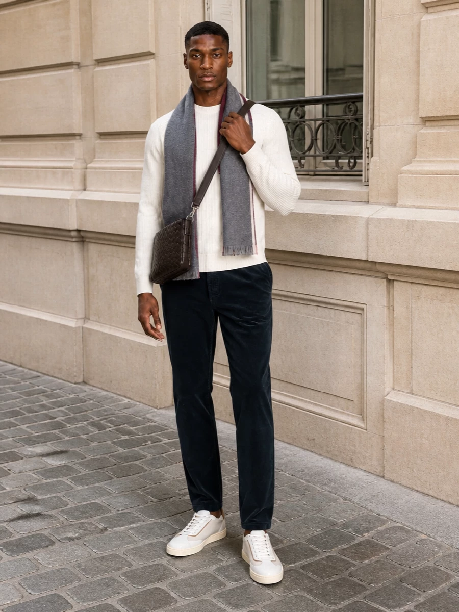 Brunello cucinelli ivory sweater navy trousers