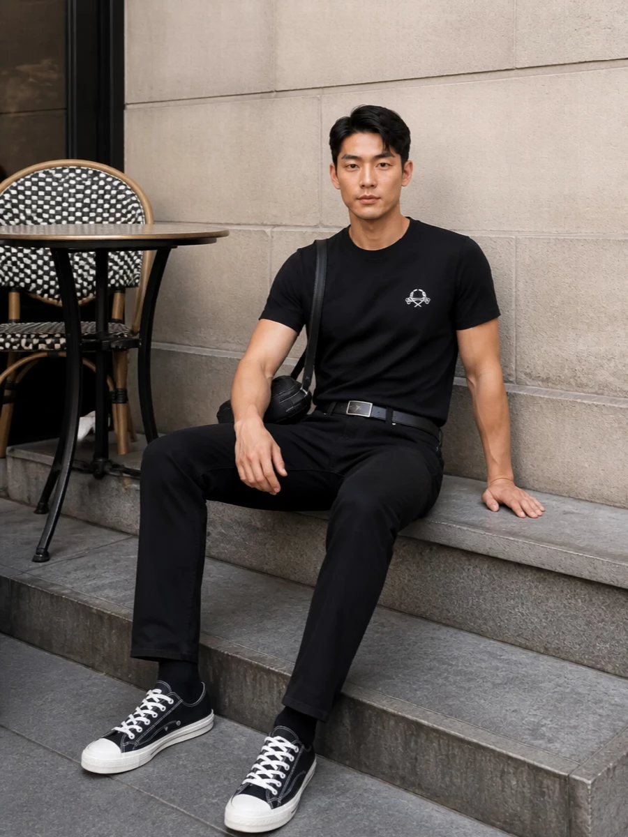 Moschino black t shirt jeans sneakers outfit