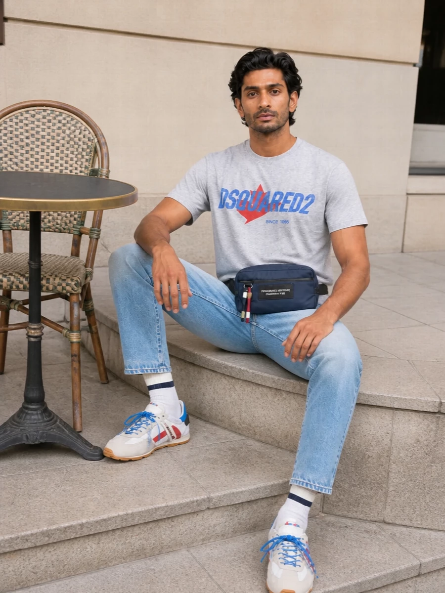 Dsquared2 graphic tee light wash jeans outfit
