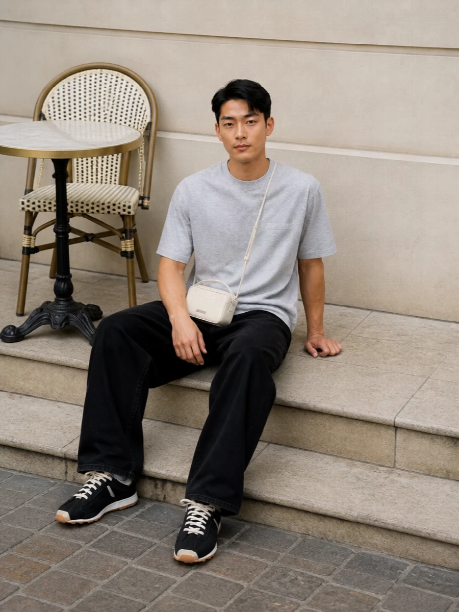Jacquemus grey tee black wide leg jeans outfit