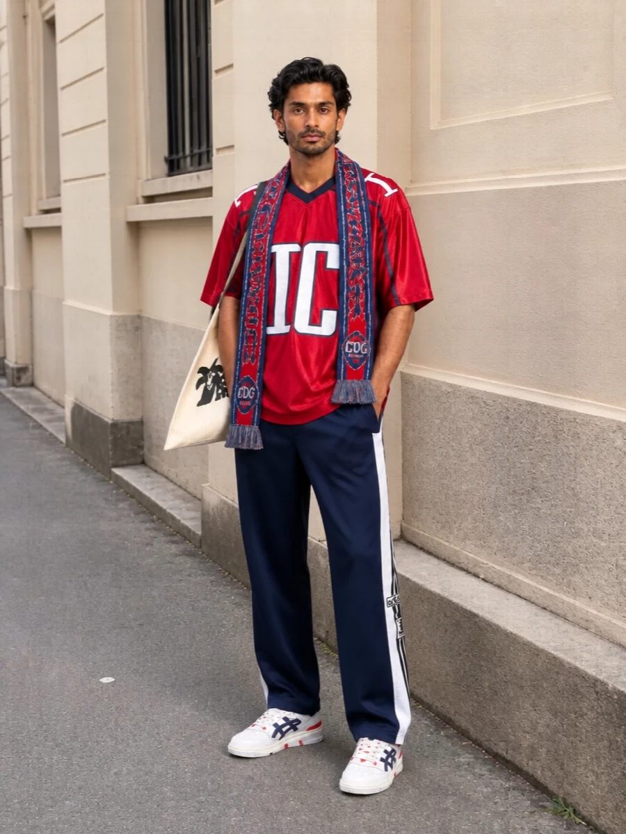 Icecream red jersey adidas navy track pants outfit