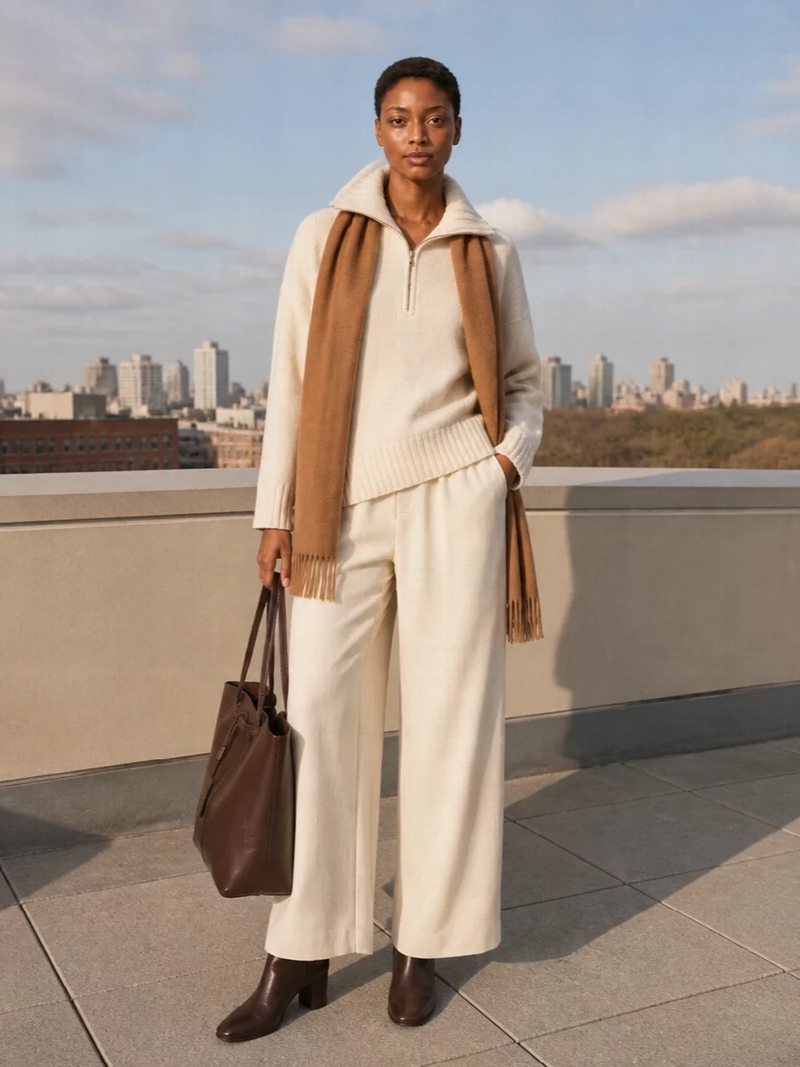 Max mara cream sweater wide leg trousers outfit