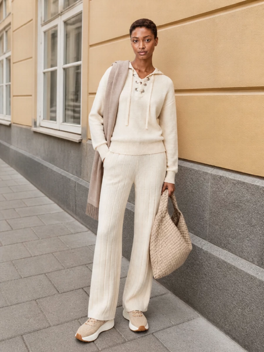 A tonal knit story in creams and soft beiges turns the lace-up hoodie into a quietly polished lounge set that still feels city ready. The high-waisted ribbed wide leg and sculpted knit sneakers lengthen and lighten the silhouette, while the slouchy woven hobo adds texture and volume that keep everything relaxed but considered. It is the kind of off-duty pairing that moves easily from slow mornings at home to understated errands outside.