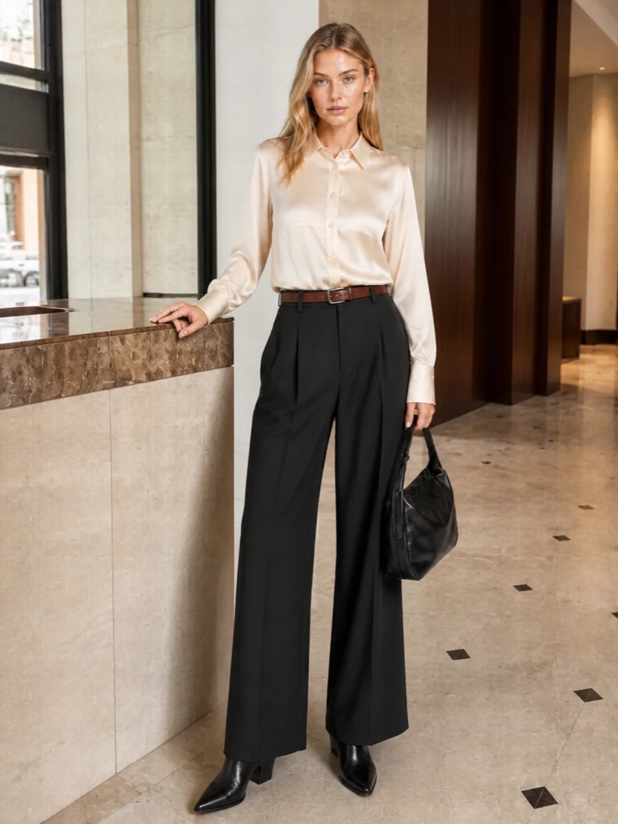 Brunello cucinelli silk shirt wide leg trouser outfit