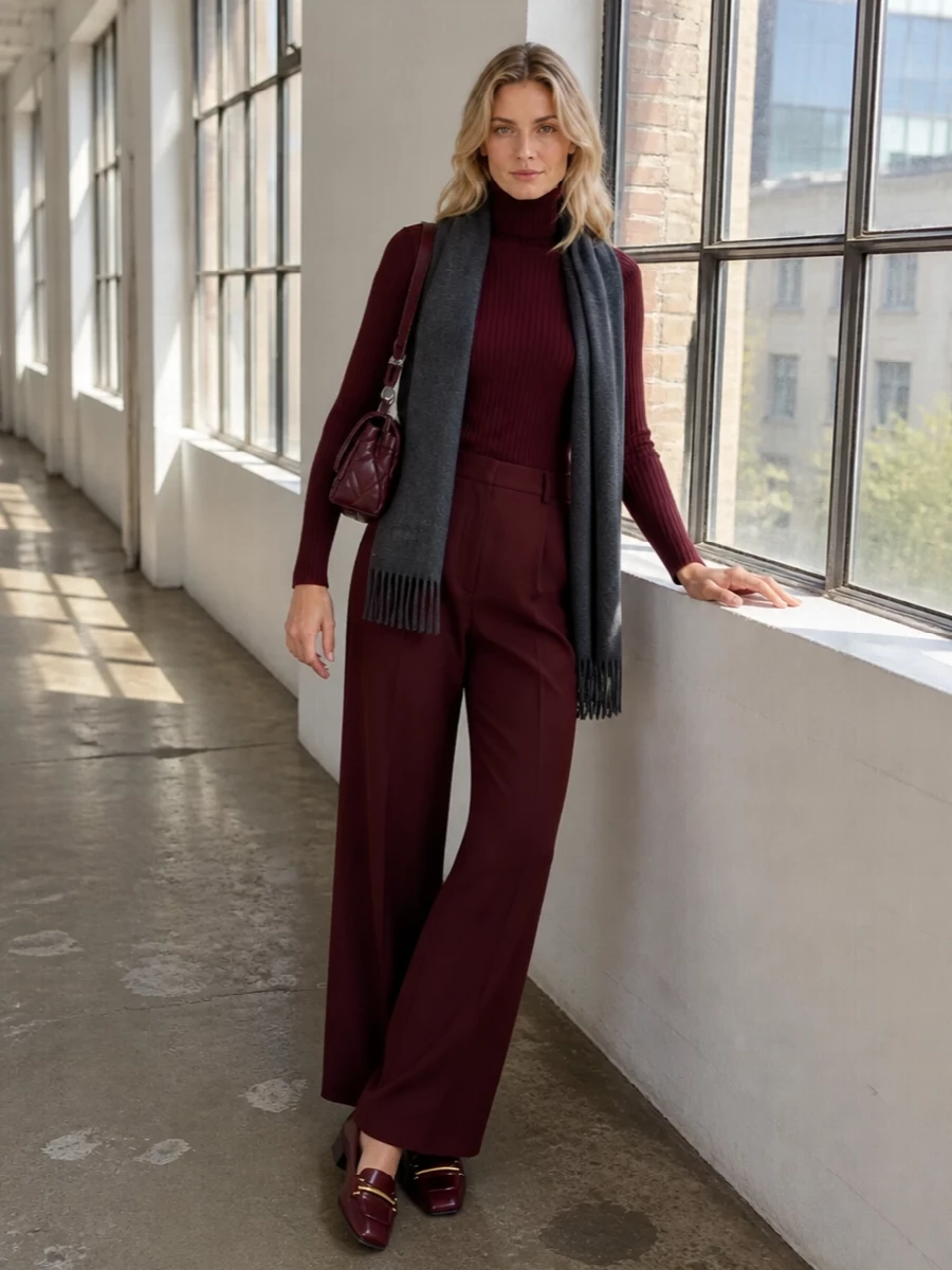Deep burgundy tones run from the ribbed turtleneck through the high-waisted wide-leg trousers and into the slingback pumps and quilted shoulder bag, creating a long, uninterrupted column of color. The tailored proportions keep it sharp yet relaxed, while the charcoal scarf adds a quiet, city-appropriate contrast that still feels cohesive. It is a modern, minimalist way to wear color that feels intentional from morning meetings to late dinners.