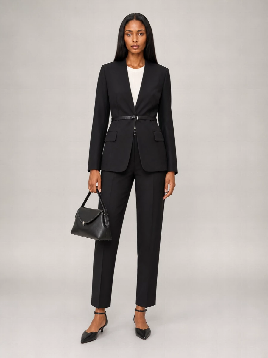 A precise Totême black suit is the anchor here, the longline blazer and pleated straight-leg trousers reading sharp yet restrained for client meetings or dinner reservations. A pointed black kitten heel and sculpted black tote keep the line clean and purposeful, while a slim black belt quietly cinches everything into a single, uninterrupted column of tailoring.