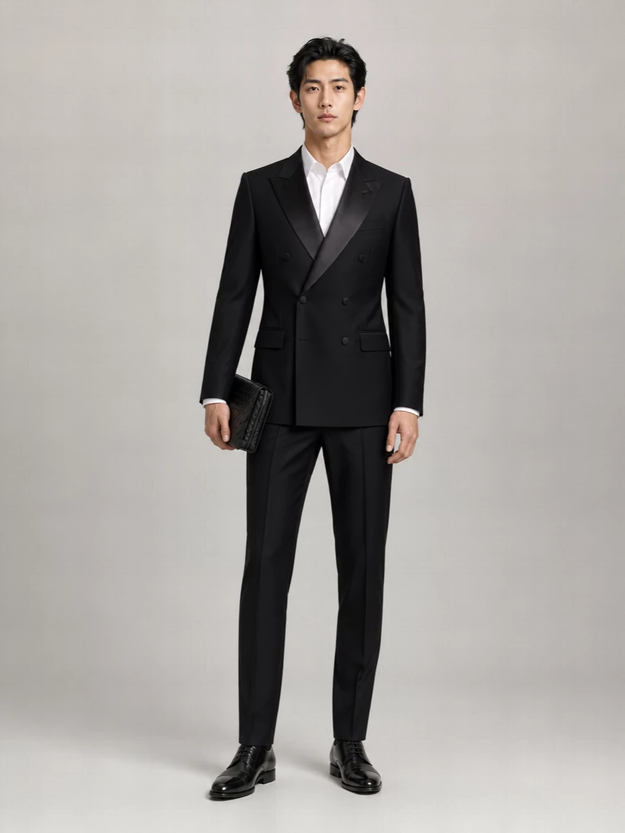 A sharp black tuxedo axis keeps everything disciplined, from the satin peak lapels to the razor-line trouser, letting the cap-toe Oxfords quietly anchor the formality. The only soft contrast comes from the tactile black clutch, which adds depth without disturbing the all-black, minimalist precision. This is formal evening dressing for when you want presence through cut and finish rather than shine or color.