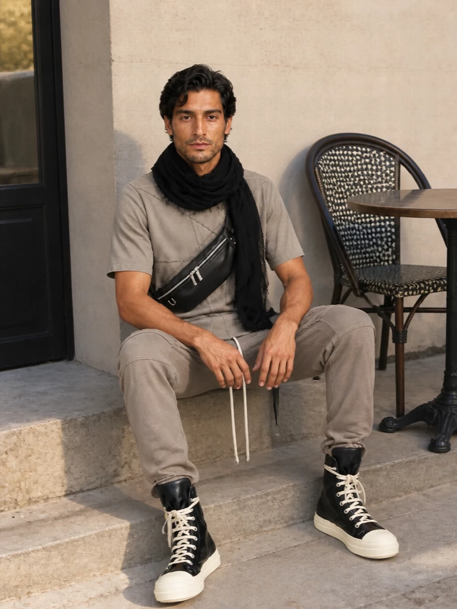 Rick owens drkshdw taupe tee drop crotch pants
