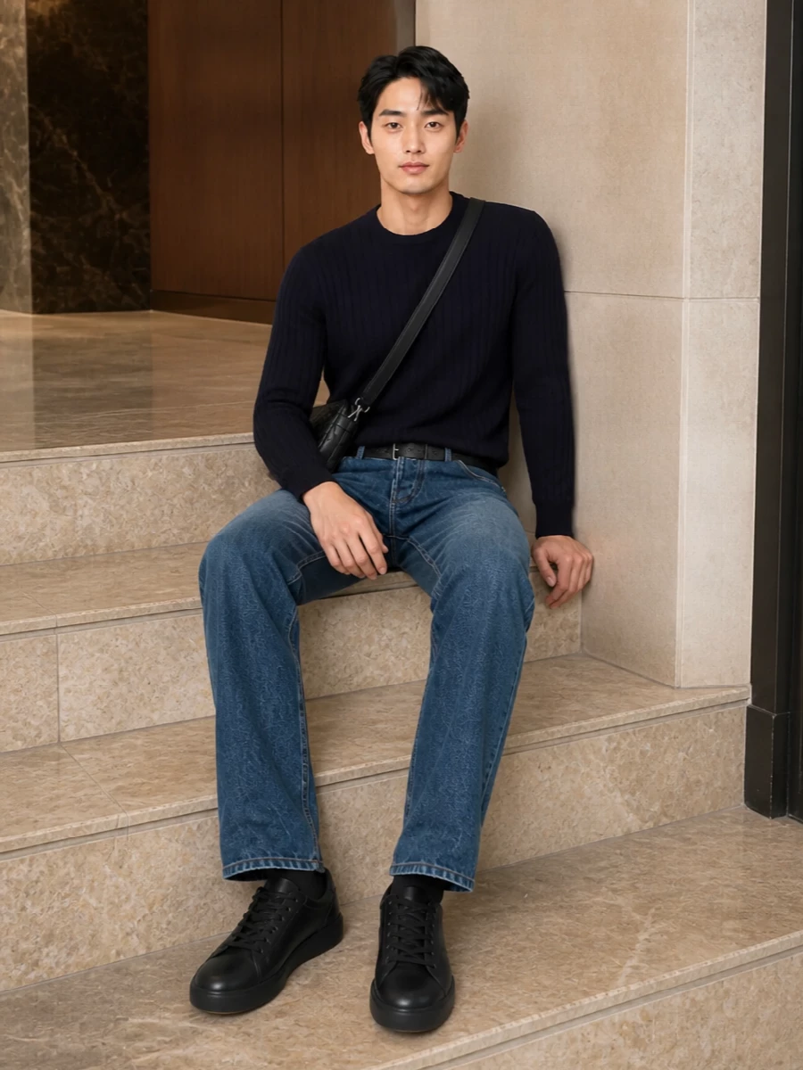 Bottega veneta mens navy sweater jeans outfit