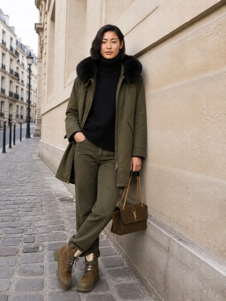 Yves salomon parka saint laurent pants outfit