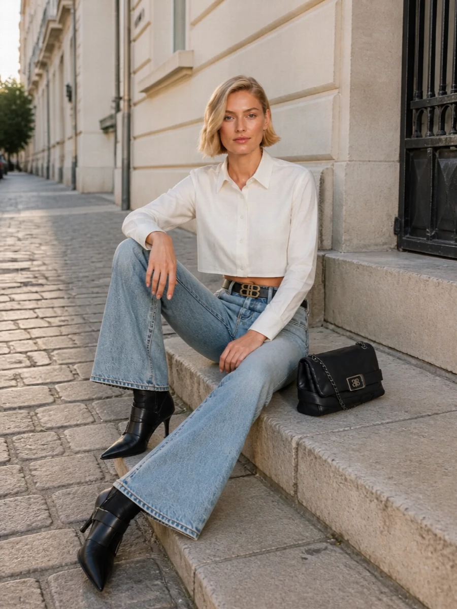 Balenciaga flared jeans cropped shirt ankle boots