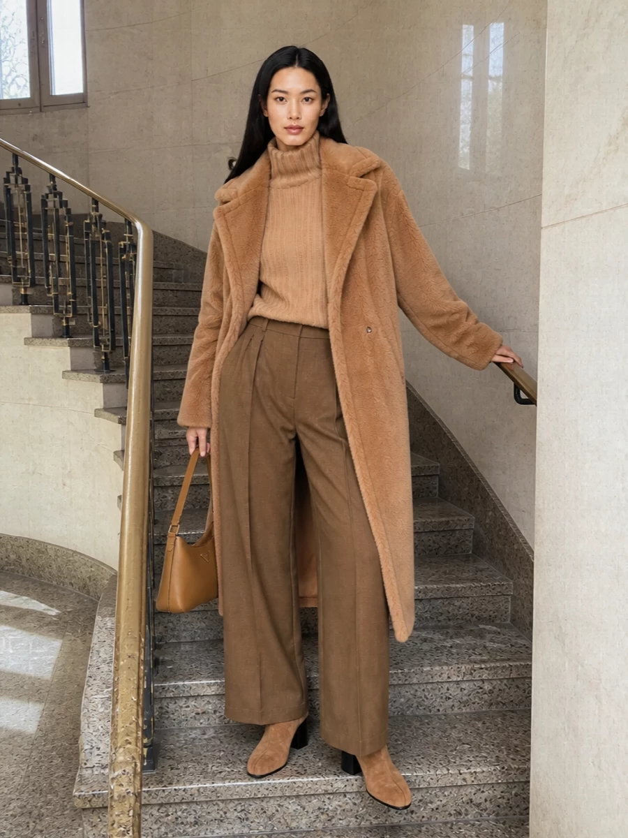 I am building around the Max Mara teddy coat as a daytime city uniform, so I am choosing the top and trouser route rather than a dress to keep the mood relaxed, tonal and practical. The camel ribbed turtleneck and high-waisted wide-leg trouser create a continuous column of warm neutrals under the coat, with the suede ankle boots giving a subtle lift and weight at the hem. A clean camel shoulder bag finishes it quietly, keeping everything in the same soft spectrum while the tailoring and proportions stop the cocooning textures from feeling slouchy.