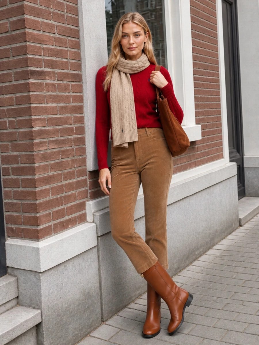 Crimson cable and camel corduroy meet in a quietly polished, collegiate mix of colour and texture, with the flared leg giving the knit a long, lean line. Cognac riding boots and a cognac suede tote deepen the warm palette and nod to equestrian heritage without feeling costume. A lightweight camel cable scarf ties the knit textures together and keeps the whole outfit soft but considered for crisp city days or country weekends.