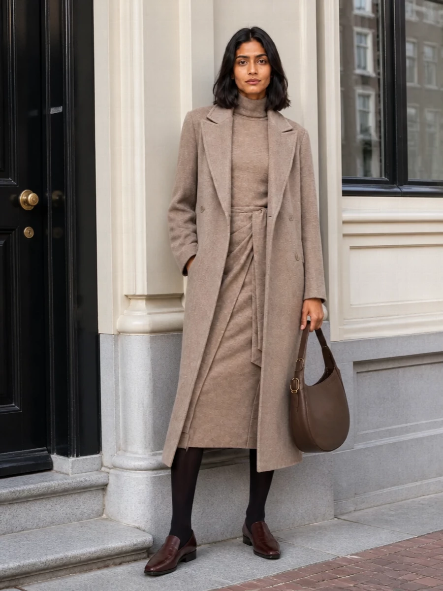 Max mara taupe knit dress loafers longchamp bag