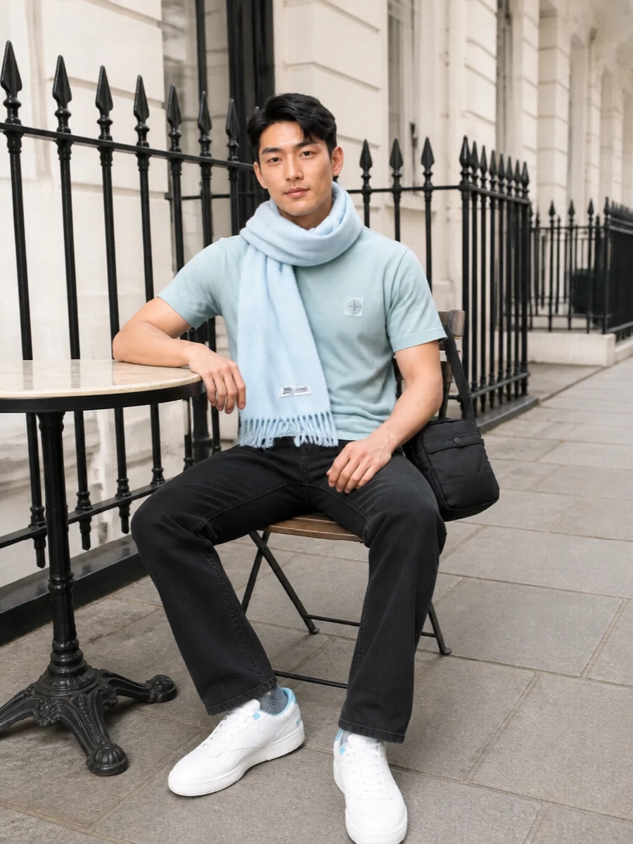 Stone island ice blue tee black jeans outfit