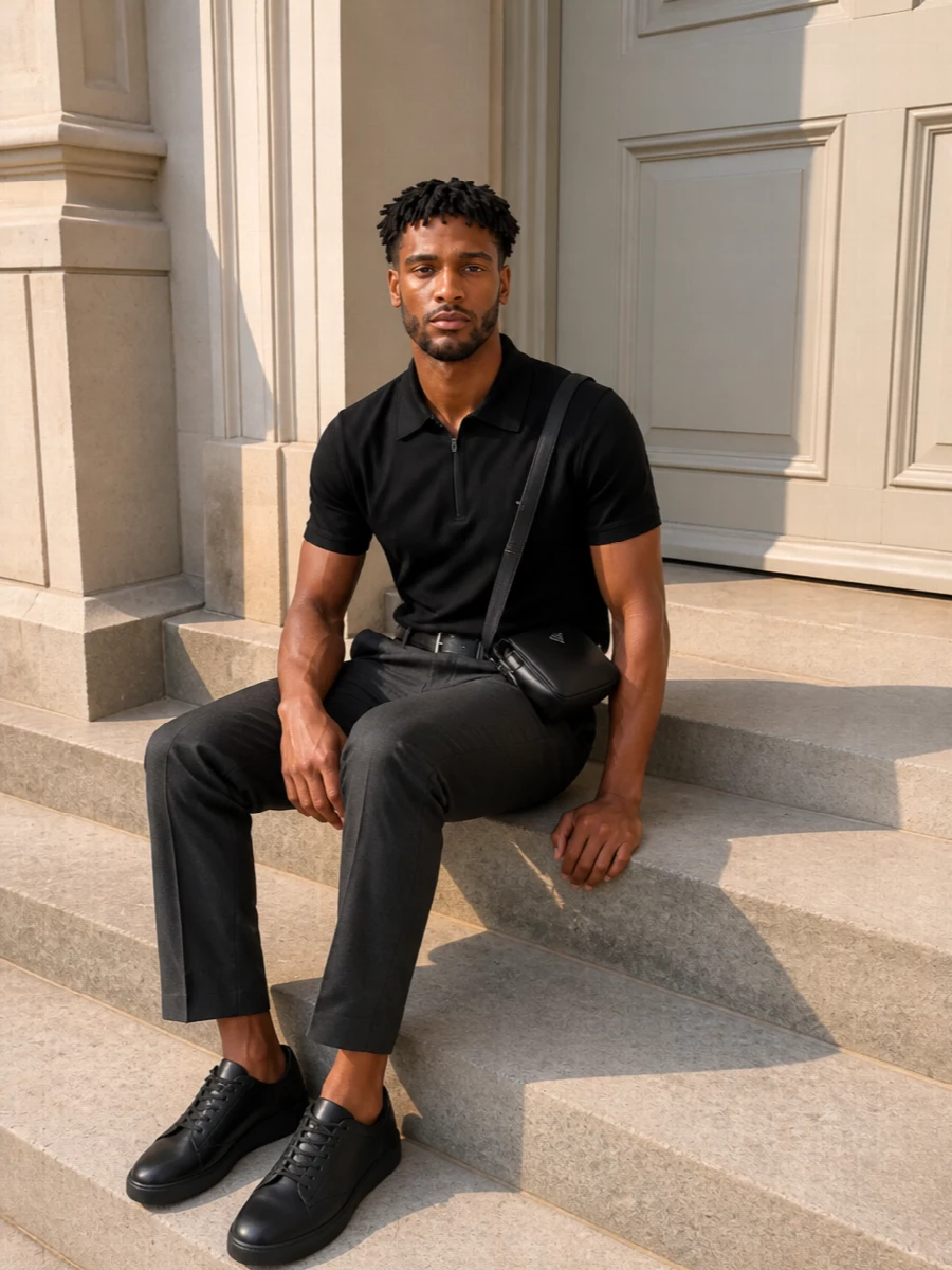 Prada black polo charcoal trousers sneakers