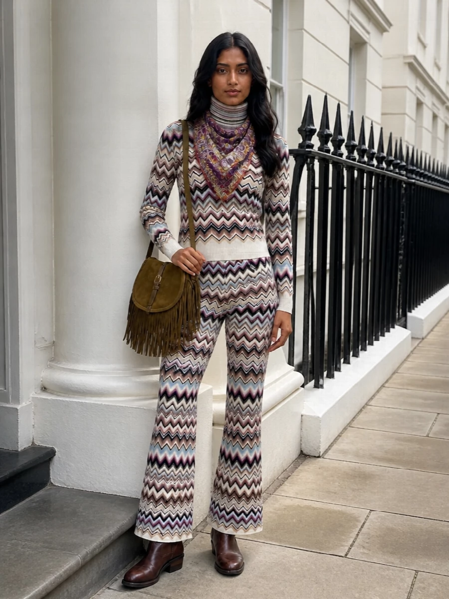 Missoni zigzag pants miu miu western boots outfit