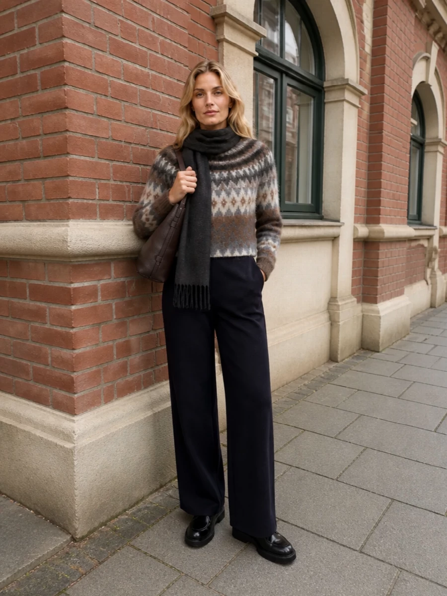 A cropped Fair Isle knit sits over fluid navy wide-leg trousers for a soft, elongated winter silhouette. Black derbies and a deep chocolate bucket bag add quiet structure, while a charcoal scarf links the sweater’s grey notes to the darker base. The result is relaxed, polished and city ready without feeling overthought.