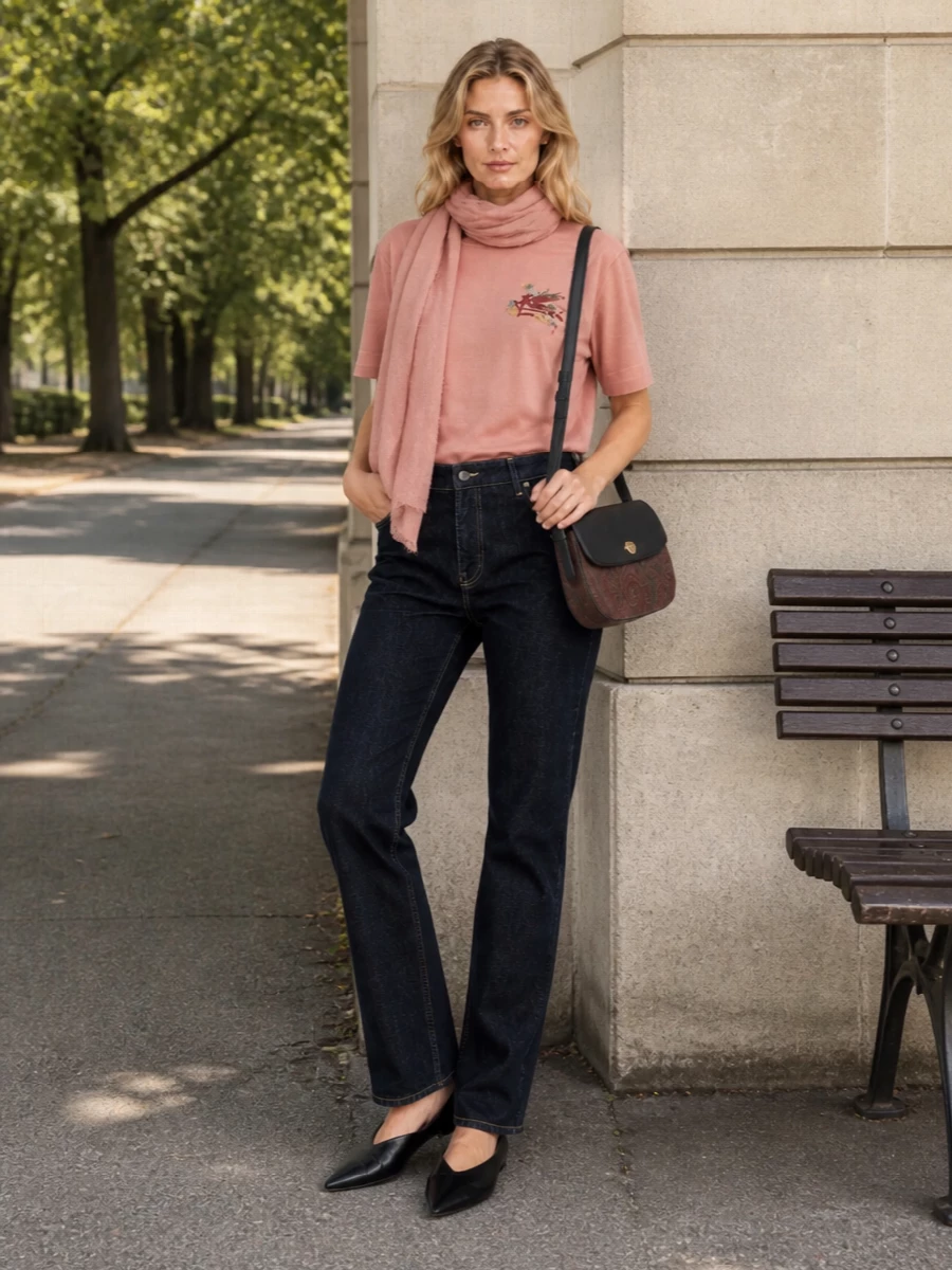 Etro dusty rose tee toteme straight jeans outfit