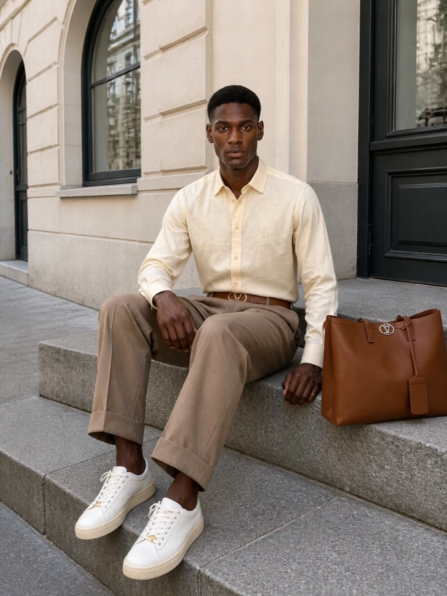 Valentino camel pleated trousers cream shirt outfit