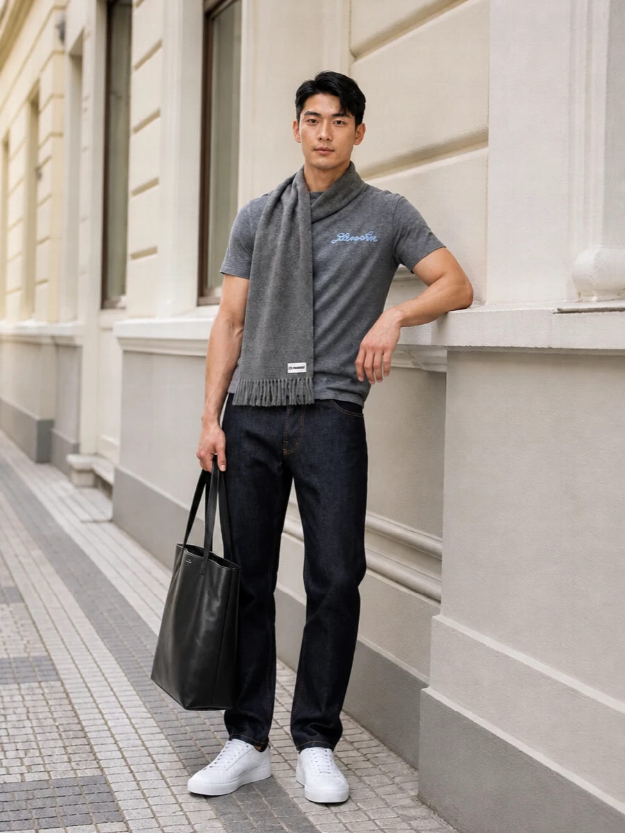 Lanvin grey tee dark denim white sneakers