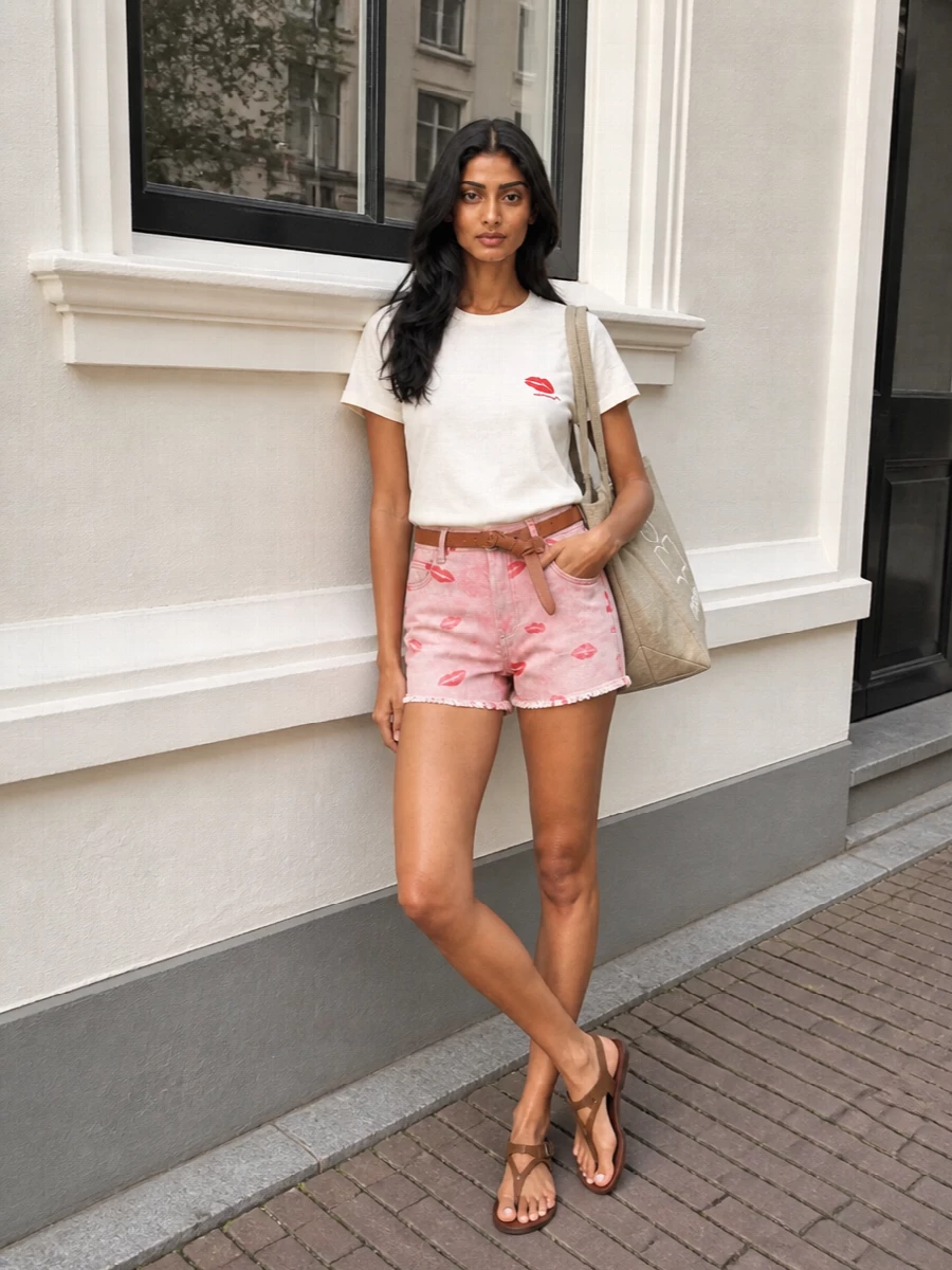 A kiss of print meets sun-faded denim for a playful, Paris-off-duty summer outfit. The ivory tee and dusty-pink shorts keep the palette soft and considered, while tan leather accents ground everything with quiet ease. Light, easy pieces that move from city errands to seaside days without needing a change of mood.